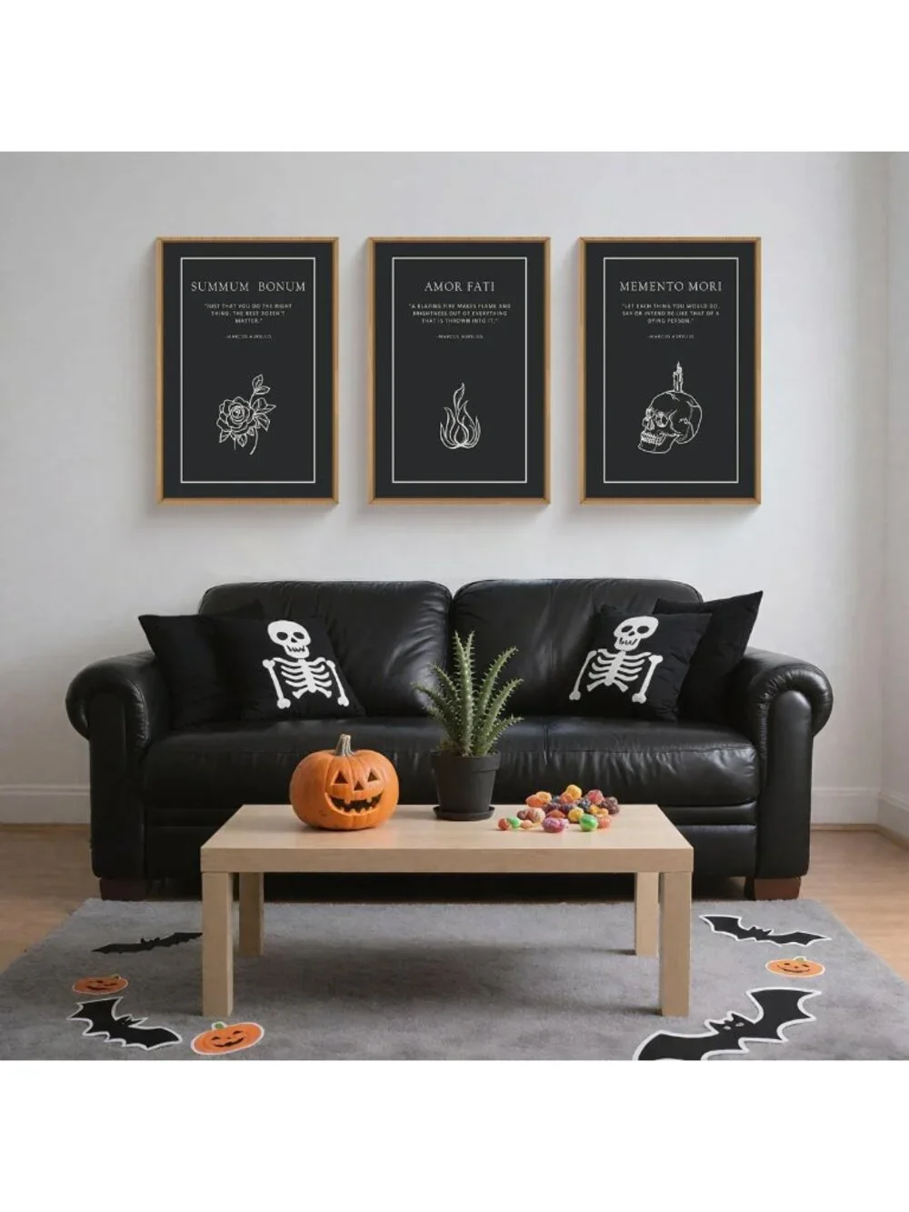 Halloween Canvas Wall Art Set of 3 - Black Skeleton & Vintage Flower Decor for